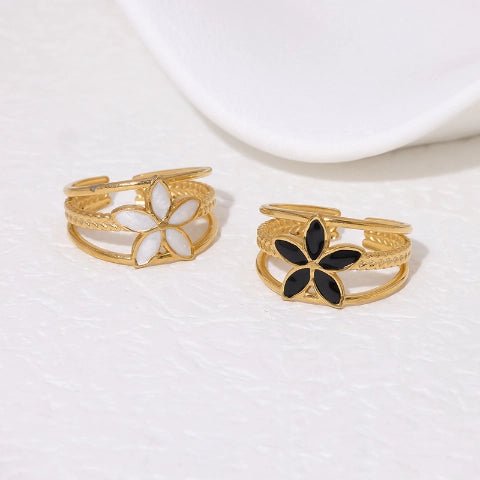Goudkleurige Verstelbare Ring met Emaille Bloem - Triple Design (12 mm) - Aramat Jewels - Ringen - cadeautip