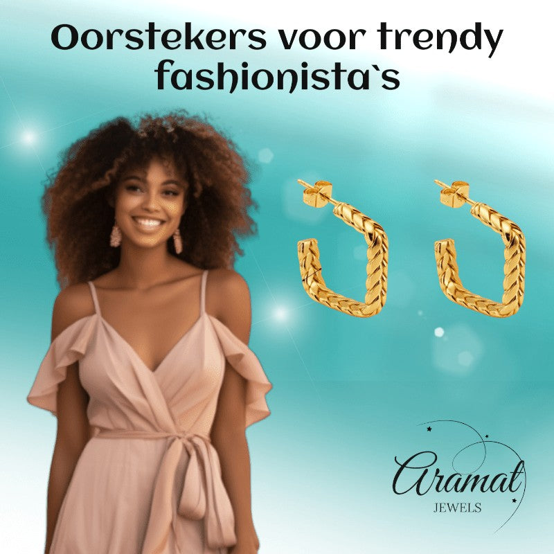 Goudkleurige Vierkante Oorringen Gourmetschakel 20x5mm RVS - Aramat Jewels - RVS Sieraden - Oorbellen - cadeautip
