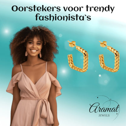 Goudkleurige Vierkante Oorringen Gourmetschakel 20x5mm RVS - Aramat Jewels - RVS Sieraden - Oorbellen - cadeautip