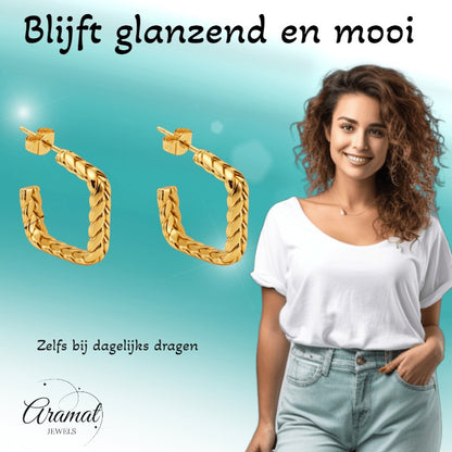 Goudkleurige Vierkante Oorringen Gourmetschakel 20x5mm RVS - Aramat Jewels - RVS Sieraden - Oorbellen - cadeautip