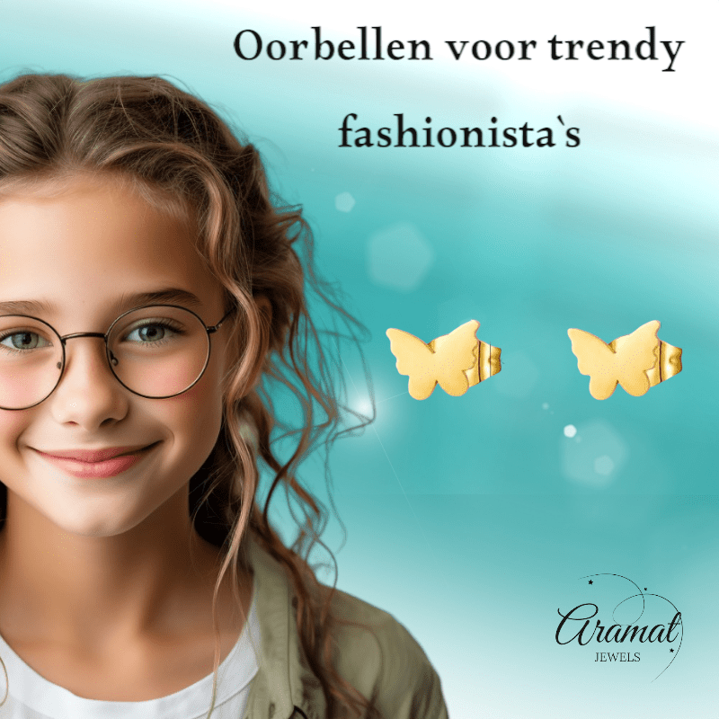 Goudkleurige vlinder oorstekers 11x8 mm - Aramat Jewels - Oorbellen - cadeautip