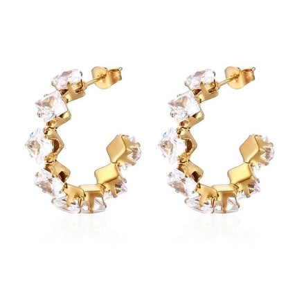 Goudkleurige Zirkonia Oorringen 28x5mm RVS - 8 Steentjes - Aramat Jewels - RVS Sieraden - Oorbellen - cadeautip