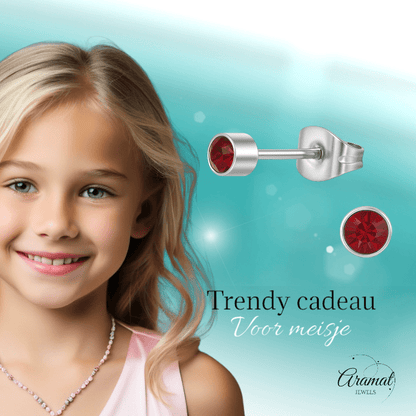 Granaatrood kristal oorstekers – 4mm zilver RVS - Aramat Jewels - Oorbellen - cadeautip