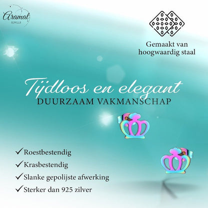 Kleurrijke RVS Kroontjes Oorbellen – Multikleur (9mm) - Aramat Jewels - Oorbellen - cadeautip