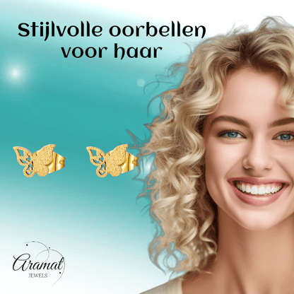 Matte vlinder oorbellen goudkleurig RVS 8mm - Aramat Jewels - Oorbellen - cadeautip