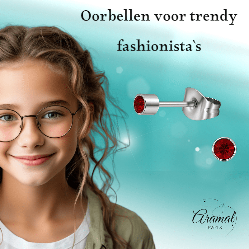 Mini oorstekers granaatrood kristal – 3mm RVS - Aramat Jewels - Oorbellen - cadeautip