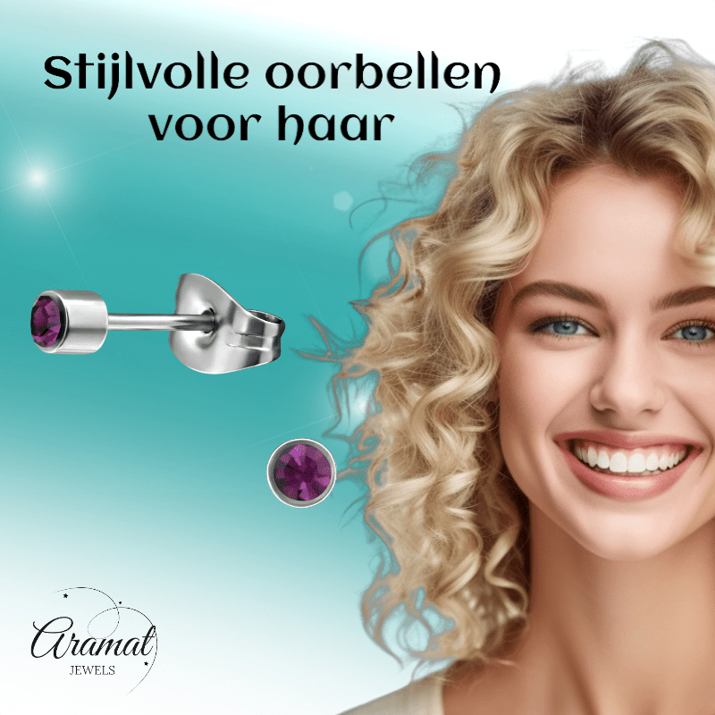 Mini oorstekers lavendel kristal – 3mm RVS - Aramat Jewels - Oorbellen - cadeautip