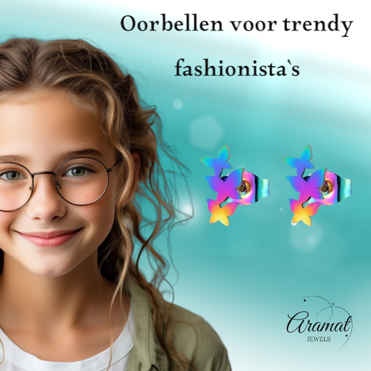 Bar oorstekers multikleur – 3 vlinders – 10x6mm