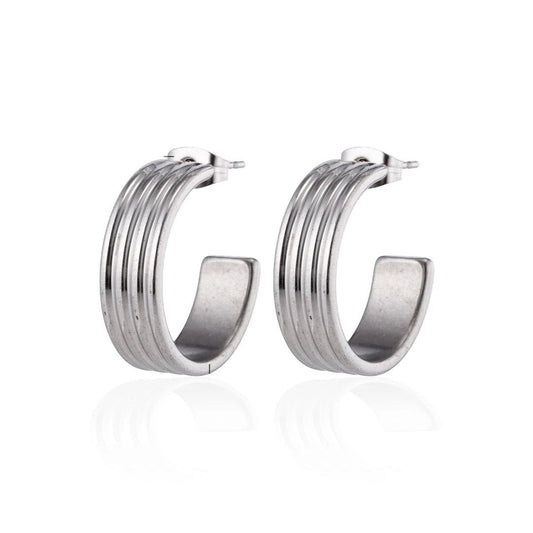 Oorbellen – 23mm Hoepel Creool 4 Lijnen RVS Zilverkleur Unisex - Aramat Jewels - Oorringen - cadeautip