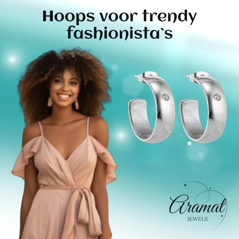 Oorbellen – 23mm Hoepel Creool Zirkonia Accent RVS Zilverkleur Unisex - Aramat Jewels - Oorringen - cadeautip