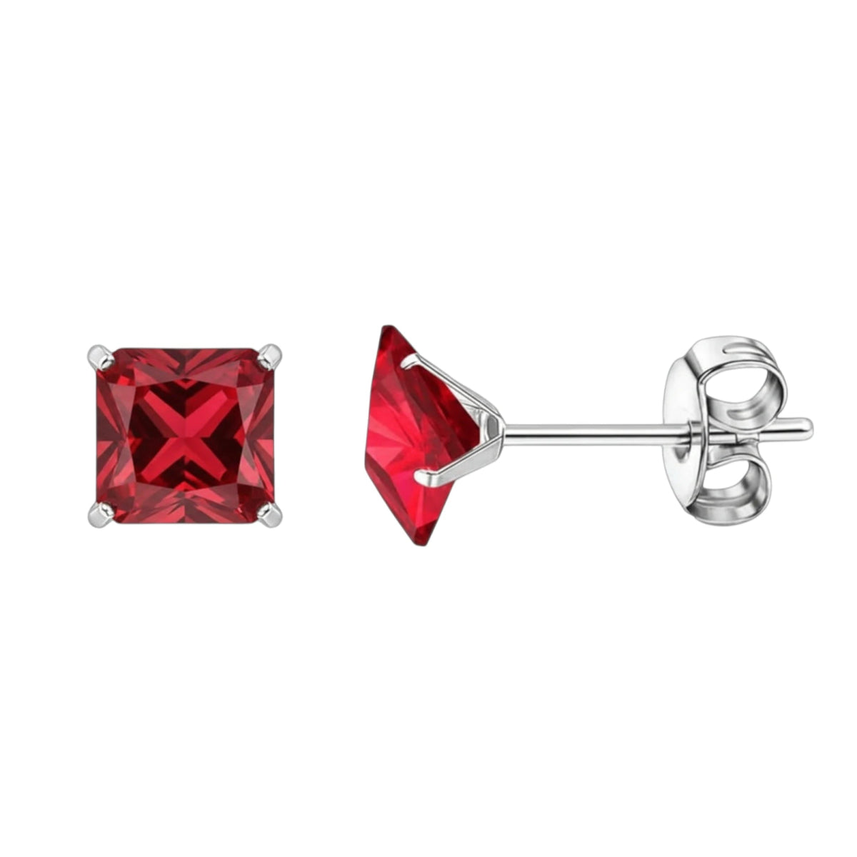 Oorbellen – 7mm Vierkante Zirkonia Rood op RVS Zilverkleur - Aramat Jewels - Oorbellen - cadeautip