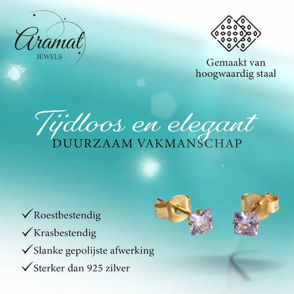 Oorbellen – RVS Goudkleur met Lila Vierkante Zirkonia (4mm) - Aramat Jewels - Oorbellen - cadeautip