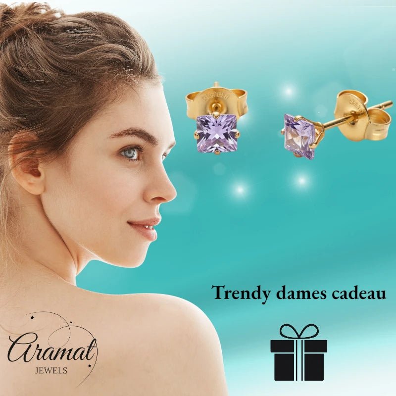 Oorbellen – RVS Goudkleur met Lila Vierkante Zirkonia (5mm) - Aramat Jewels - Oorbellen - cadeautip