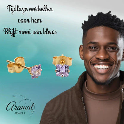 Oorbellen – RVS Goudkleur met Lila Vierkante Zirkonia (5mm) - Aramat Jewels - Oorbellen - cadeautip