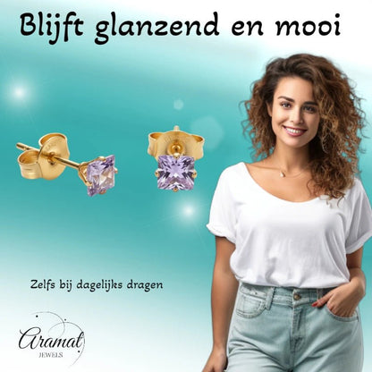 Oorbellen – RVS Goudkleur met Lila Vierkante Zirkonia (5mm) - Aramat Jewels - Oorbellen - cadeautip
