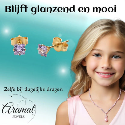 Oorbellen – RVS Goudkleur met Lila Vierkante Zirkonia (5mm) - Aramat Jewels - Oorbellen - cadeautip