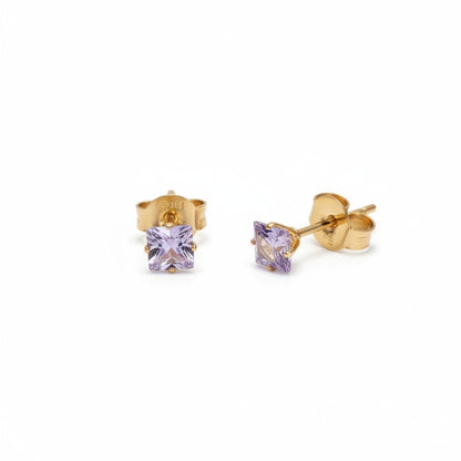 Oorbellen – RVS Goudkleur met Lila Vierkante Zirkonia (5mm) - Aramat Jewels - Oorbellen - cadeautip