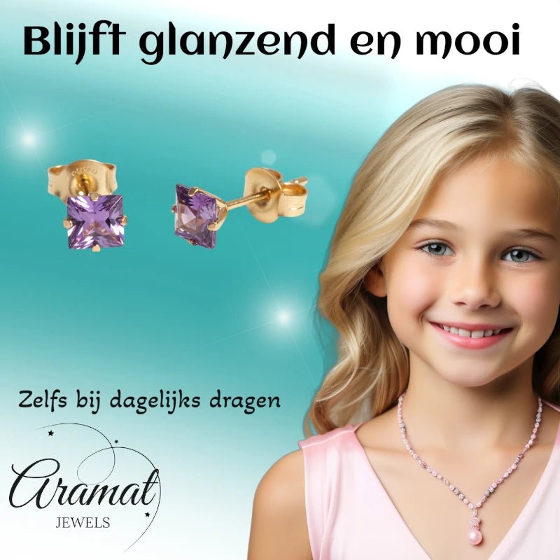 Oorbellen – RVS Goudkleur met Paarse Vierkante Zirkonia (5mm) - Aramat Jewels - Oorbellen - cadeautip