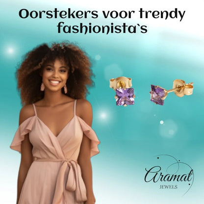 Oorbellen – RVS Goudkleur met Paarse Vierkante Zirkonia (5mm) - Aramat Jewels - Oorbellen - cadeautip