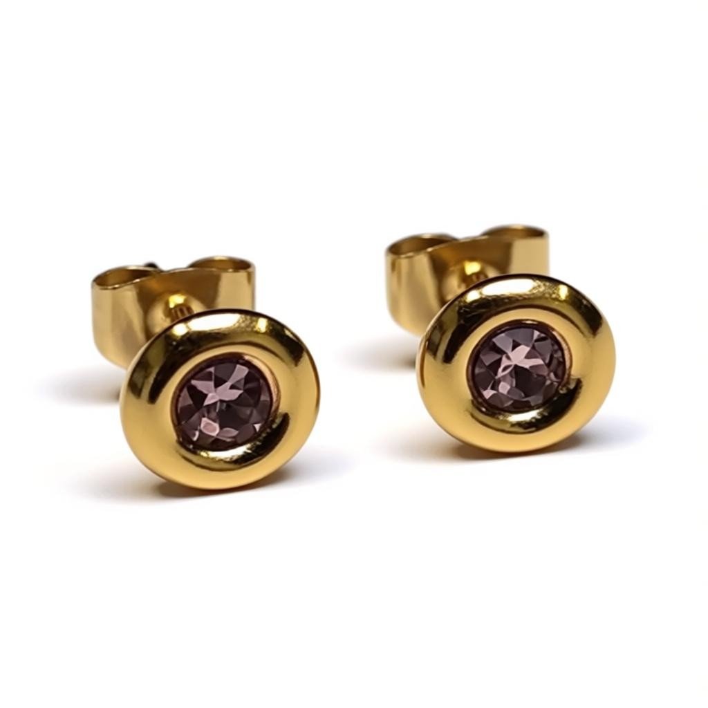 Oorbellen – RVS Goudkleurig met Roze Kristal (8mm) - Aramat Jewels - Oorbellen - cadeautip