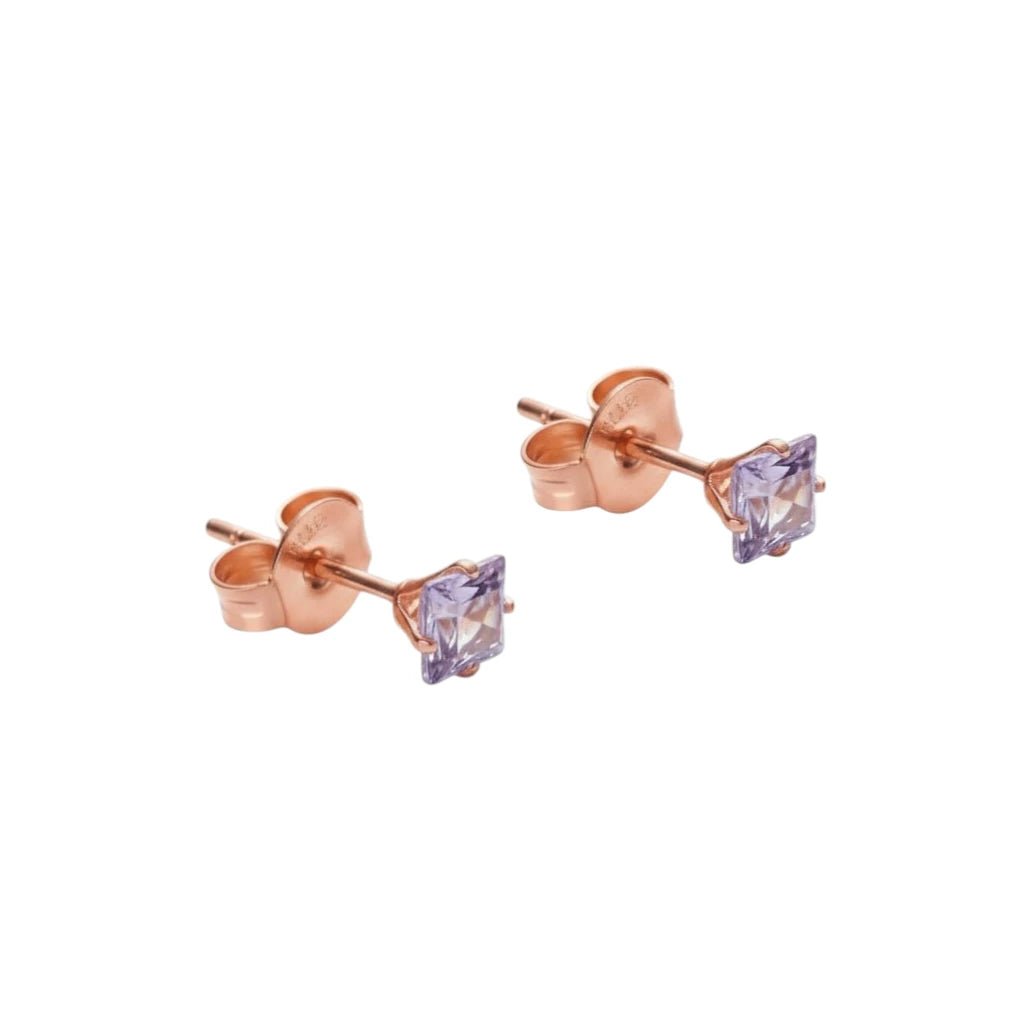 Oorbellen – RVS Roségoudkleur met Lila Vierkante Zirkonia (3mm) - Aramat Jewels - Oorbellen - cadeautip