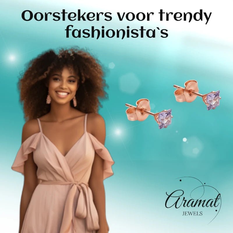 Oorbellen – RVS Roségoudkleur met Lila Vierkante Zirkonia (3mm) - Aramat Jewels - Oorbellen - cadeautip