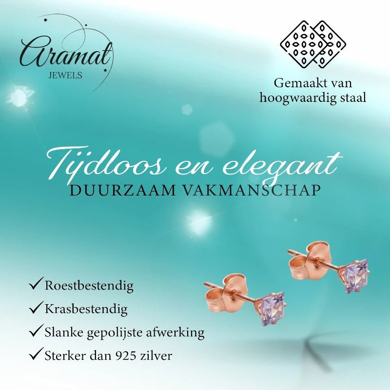 Oorbellen – RVS Roségoudkleur met Lila Vierkante Zirkonia (3mm) - Aramat Jewels - Oorbellen - cadeautip