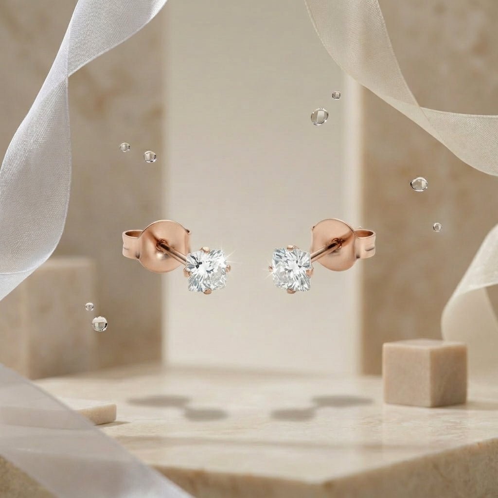 Oorbellen – RVS Roségoudkleur met Vierkante Zirkonia (3mm) - Aramat Jewels - Oorbellen - cadeautip