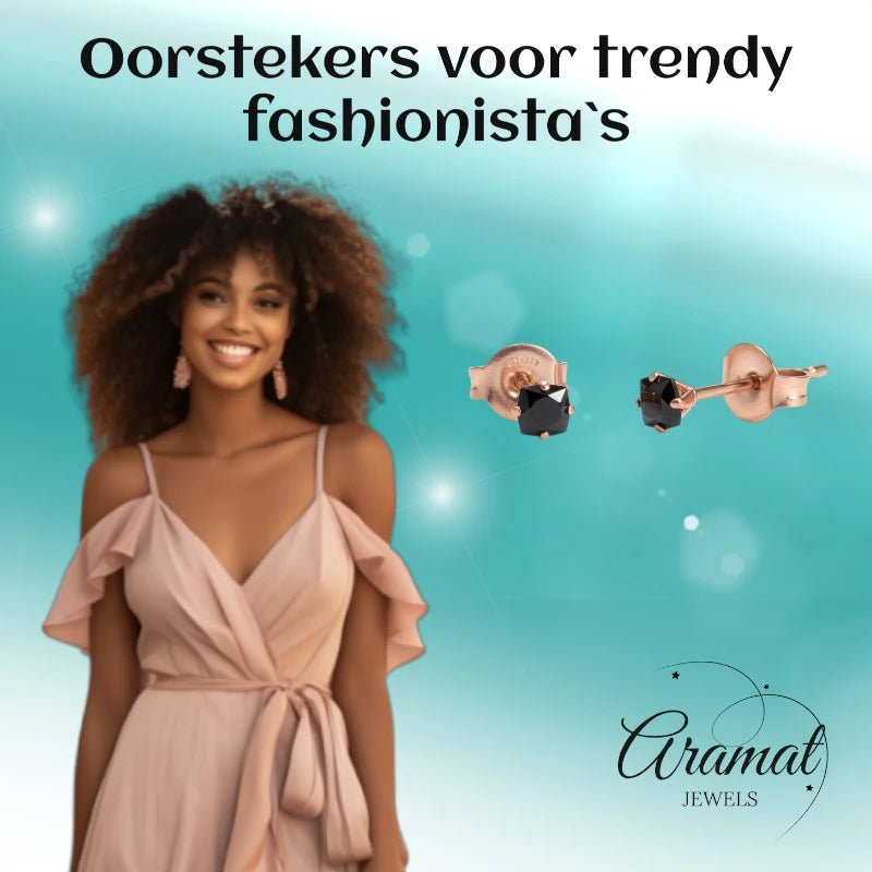 Oorbellen – RVS Roségoudkleur met Zwarte Vierkante Zirkonia (3mm) - Aramat Jewels - Oorbellen - cadeautip