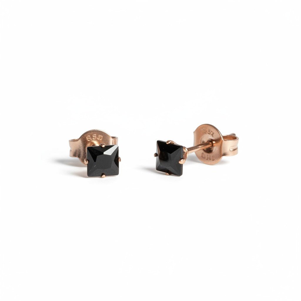 Oorbellen – RVS Roségoudkleur met Zwarte Vierkante Zirkonia (4mm) - Aramat Jewels - Oorbellen - cadeautip