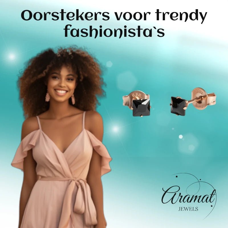 Oorbellen – RVS Roségoudkleur met Zwarte Vierkante Zirkonia (4mm) - Aramat Jewels - Oorbellen - cadeautip