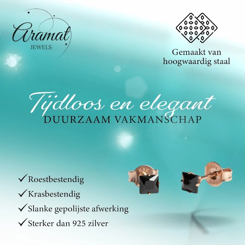 Oorbellen – RVS Roségoudkleur met Zwarte Vierkante Zirkonia (4mm) - Aramat Jewels - Oorbellen - cadeautip