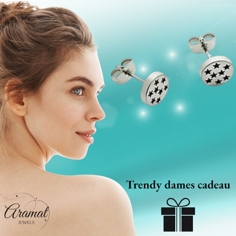 Oorbellen – RVS Sterrenpatroon Zilver/Zwart (8mm) - Aramat Jewels - Oorbellen - cadeautip