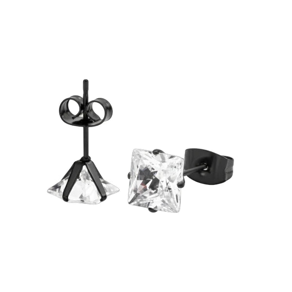 Oorbellen – RVS Zwartkleur met Vierkante Zirkonia (7mm) - Aramat Jewels - Oorbellen - cadeautip