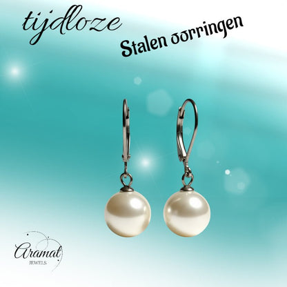 Oorhangers – RVS met Ronde Witte Parel (27mm) - Aramat Jewels - Oorhangers - cadeautip