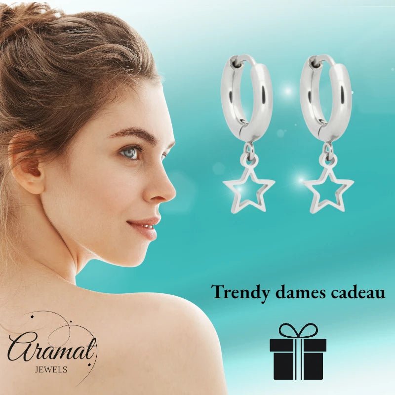 Oorringen – 10mm Mini Creolen met Open Ster Bedel RVS Zilverkleur Unisex - Aramat Jewels - Oorringen - cadeautip