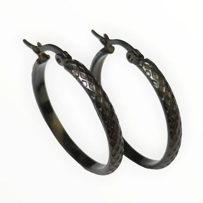 Oorringen – 30mm Creool Ruitjes Patroon RVS Zilverkleur en Zwart Dames - Aramat Jewels - Oorringen - cadeautip