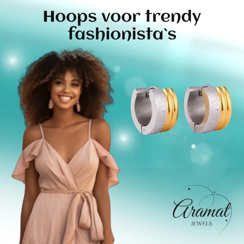 Oorringen – Staal Huggies Bicolor Strepen (13mm) - Aramat Jewels - Oorringen - cadeautip