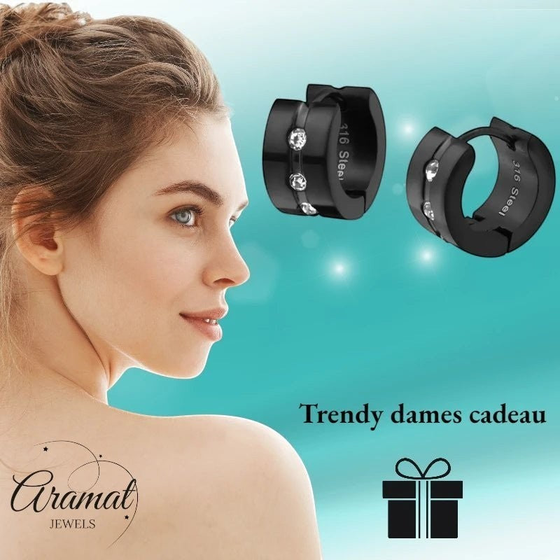 Oorringen – Staal Huggies Zirkonia Zwart (13mm) - Aramat Jewels - Oorringen - cadeautip