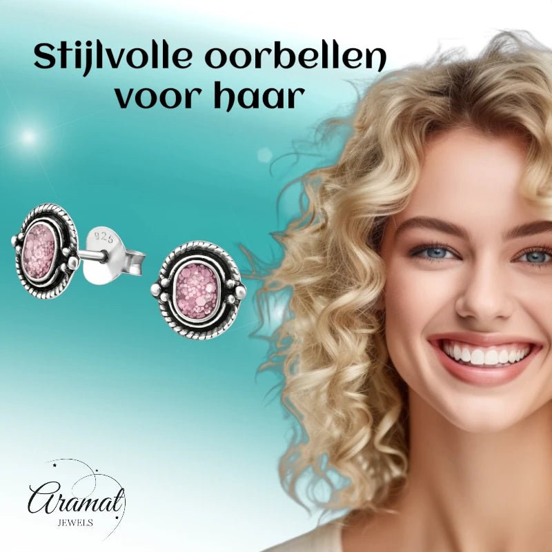 Oorstekers – 925 Zilver Bali Oorbellen Ovaal Roze Glitter 8x5mm Geoxideerd - Aramat Jewels - Oorbellen - cadeautip