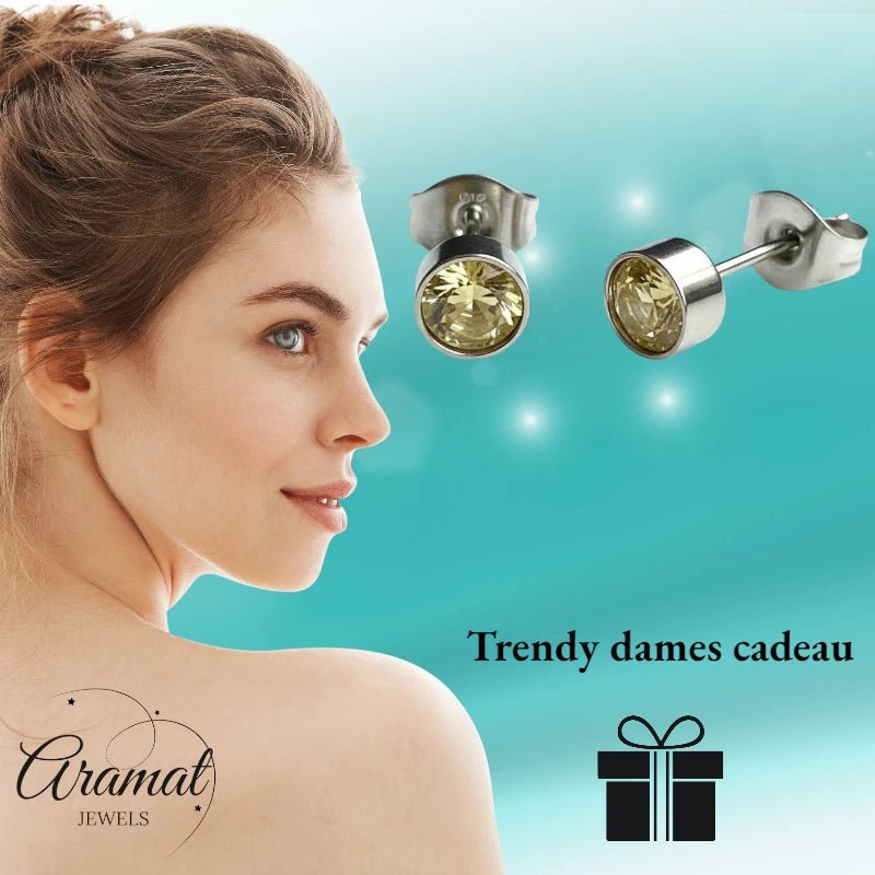 Oorstekers – Staal Kristal Geel Zilverkleur (5mm) - Aramat Jewels - Oorbellen - cadeautip