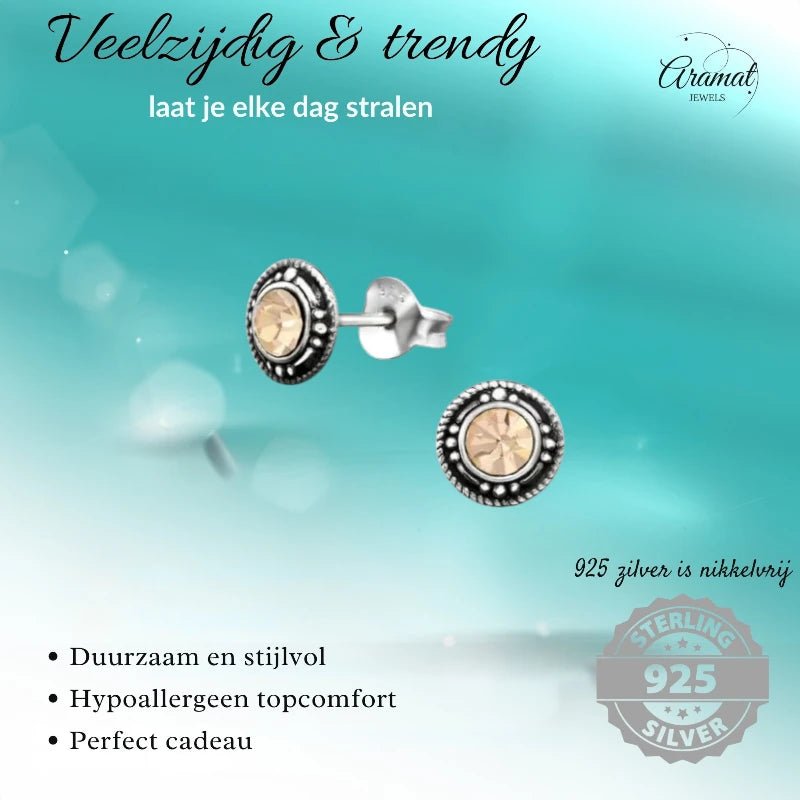 Oorstekers – Sterling Zilver Bali Etnisch Champagne Kristal 7mm Dames - Aramat Jewels - Oorbellen - cadeautip