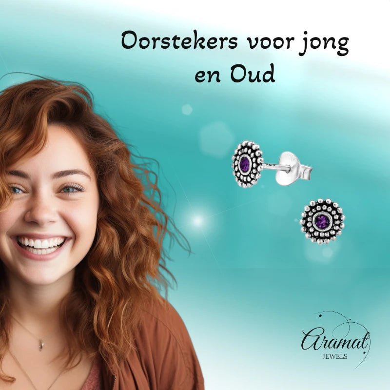 Oorstekers – Sterling Zilver Bali Etnisch Paars Kristal 6mm Dames - Aramat Jewels - Oorbellen - cadeautip