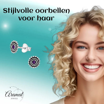 Oorstekers – Sterling Zilver Bali Etnisch Paars Kristal 6mm Dames - Aramat Jewels - Oorbellen - cadeautip