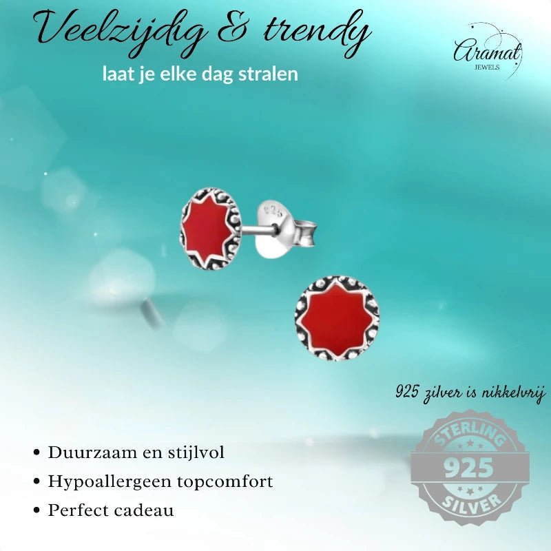 Oorstekers – Sterling Zilver Bali Etnisch Rood Emaille 6mm Rond Geoxideerd - Aramat Jewels - Oorbellen - cadeautip