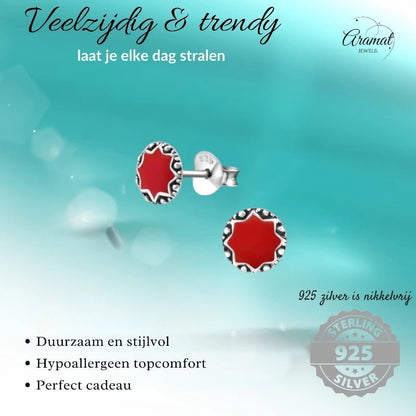 Oorstekers – Sterling Zilver Bali Etnisch Rood Emaille 6mm Rond Geoxideerd - Aramat Jewels - Oorbellen - cadeautip