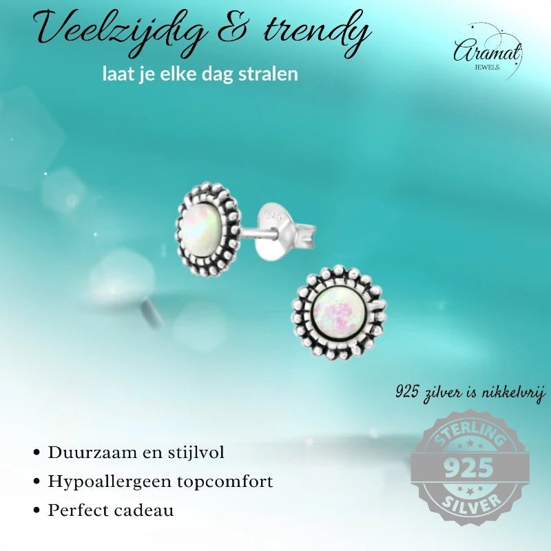 Oorstekers – Sterling Zilver Bali Etnisch Wit Opaal 8mm Geoxideerd - Aramat Jewels - Oorbellen - cadeautip
