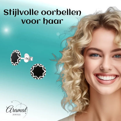 Oorstekers – Sterling Zilver Bali Etnisch Zwart Emaille 8mm Rond Geoxideerd - Aramat Jewels - Oorbellen - cadeautip