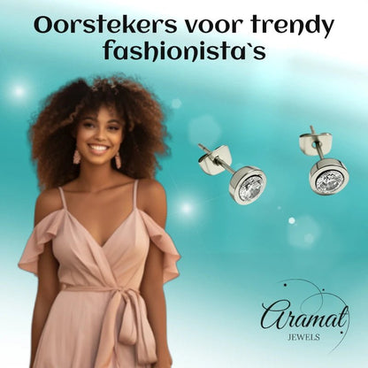 Oorstuds – Staal Zirkonia Transparant Zilverkleur (6mm) - Aramat Jewels - Oorbellen - cadeautip