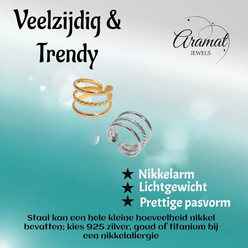 Open Ring Driedubbele Band: Glad en Gedraaid (15 mm Breed) - Aramat Jewels - Ringen - cadeautip